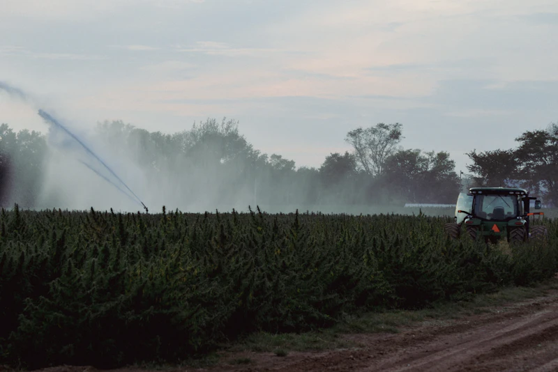 Tractor irrigating a field of crops at dusk