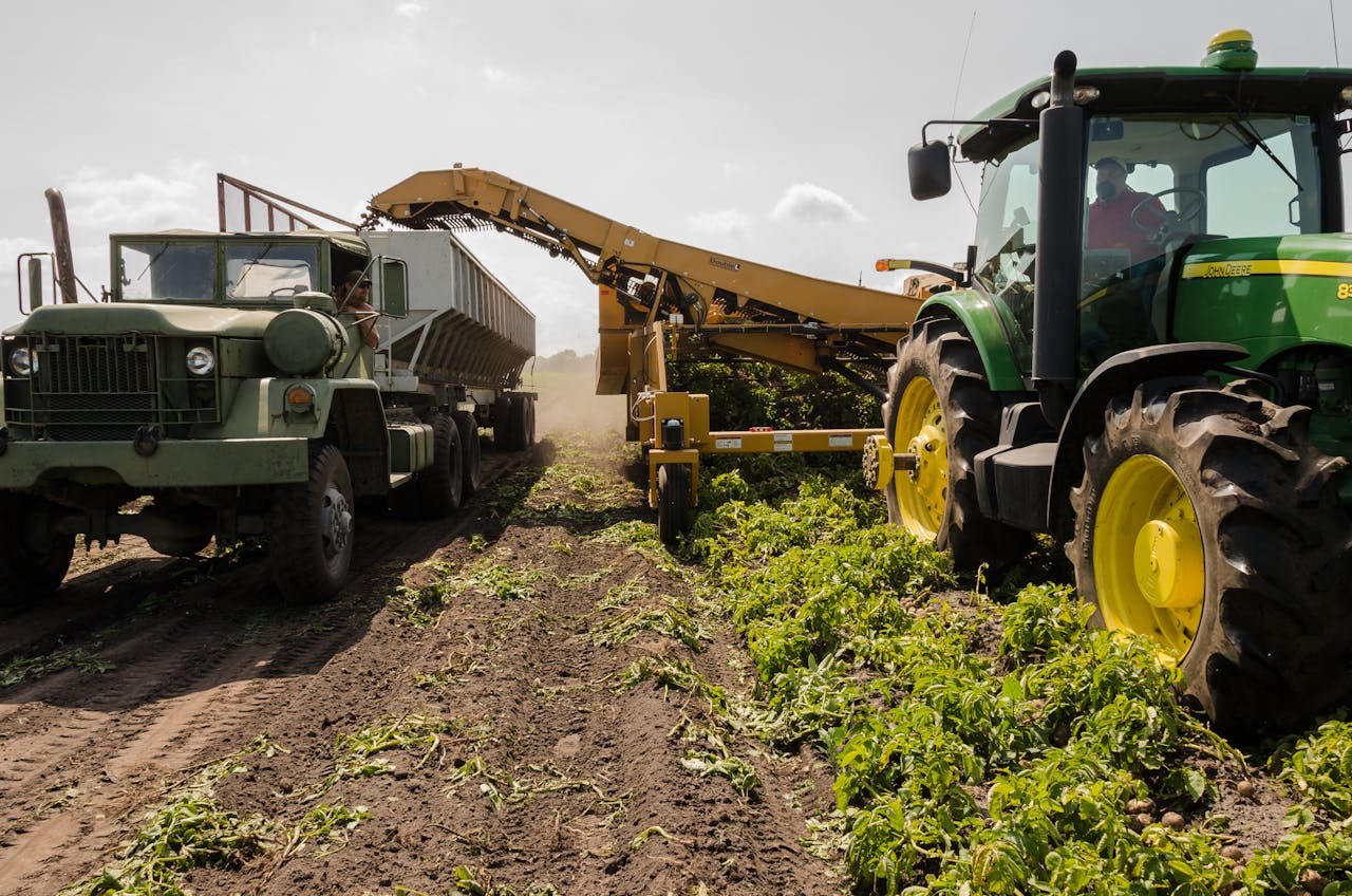 service-02 A tractor and truck collaborate in harvesting crops on a sunny farm field.