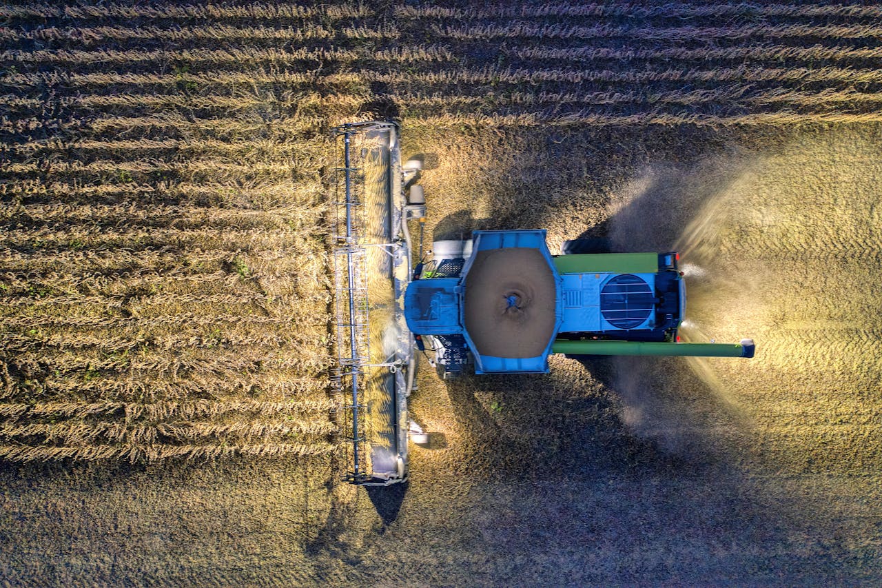 service-06 Drone shot of a combine harvester in a Minnesota cornfield during harvest season.